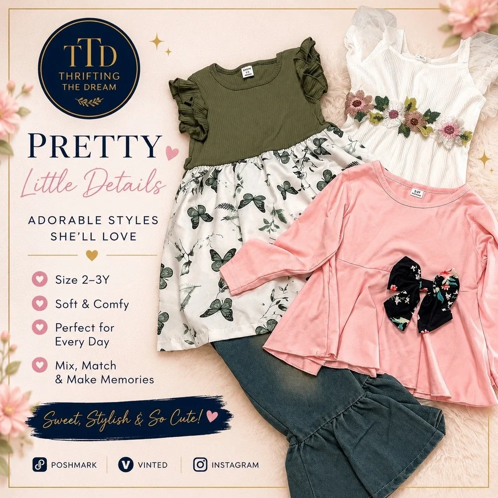 SHEIN Toddler Girls Outfit Bundle Butterfly Dress Floral Romper Flare Pants 2-3Y